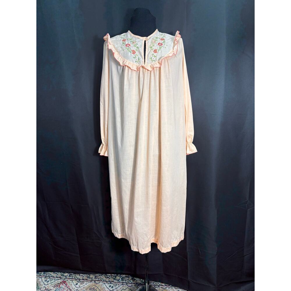 Vintage Handmade Nightgown Peach, Embroidered Flowers Ruffles Lightweight Cotton
